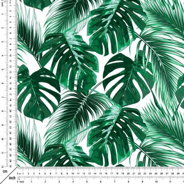 Beyaz Zemin Üzerine Koyu Yeşil Yapraklı Dijital Baskılı Kumaş