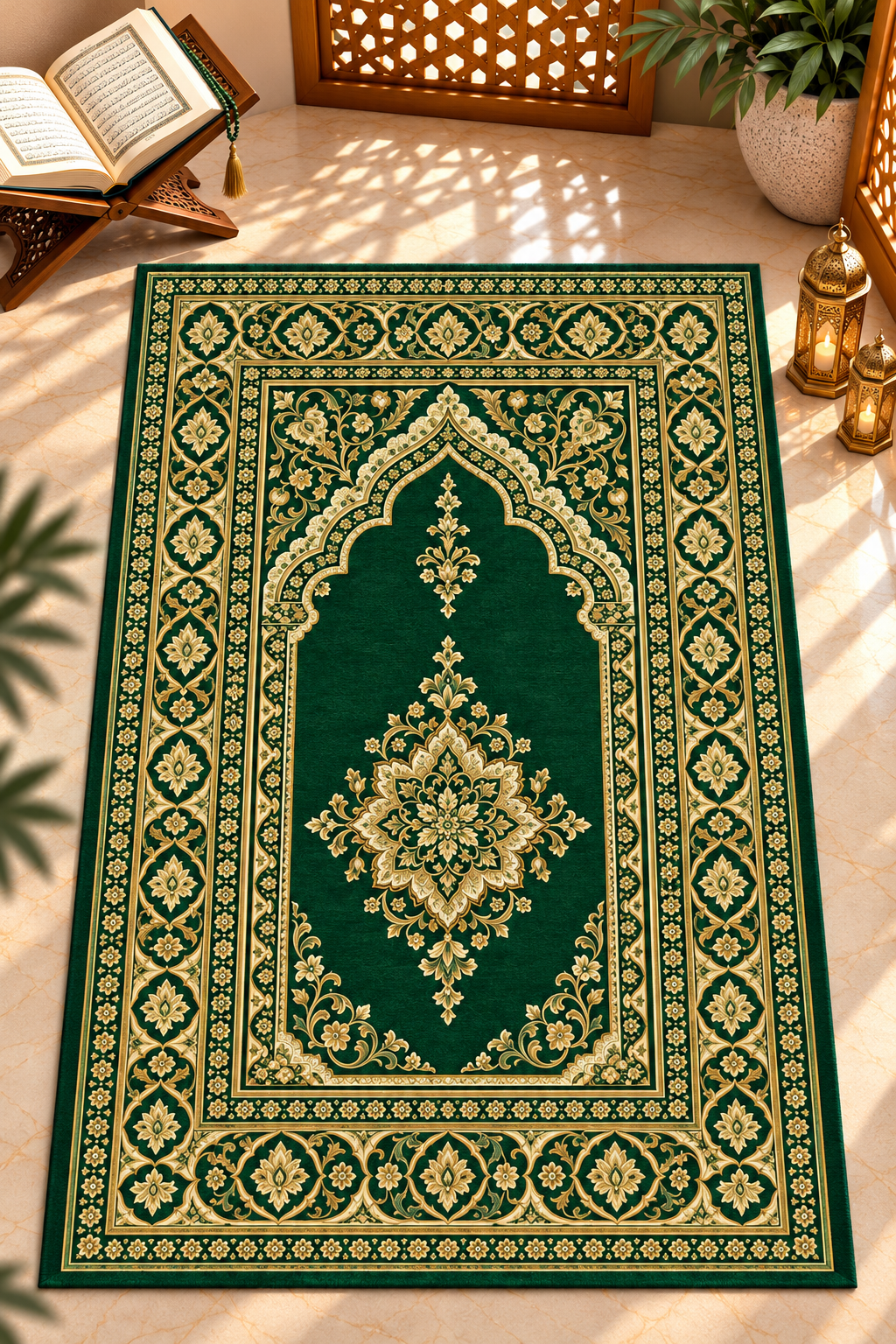 Zümrüt Yeşili Seccade Paneli – Altın Rumi Desenli 130x82 cm