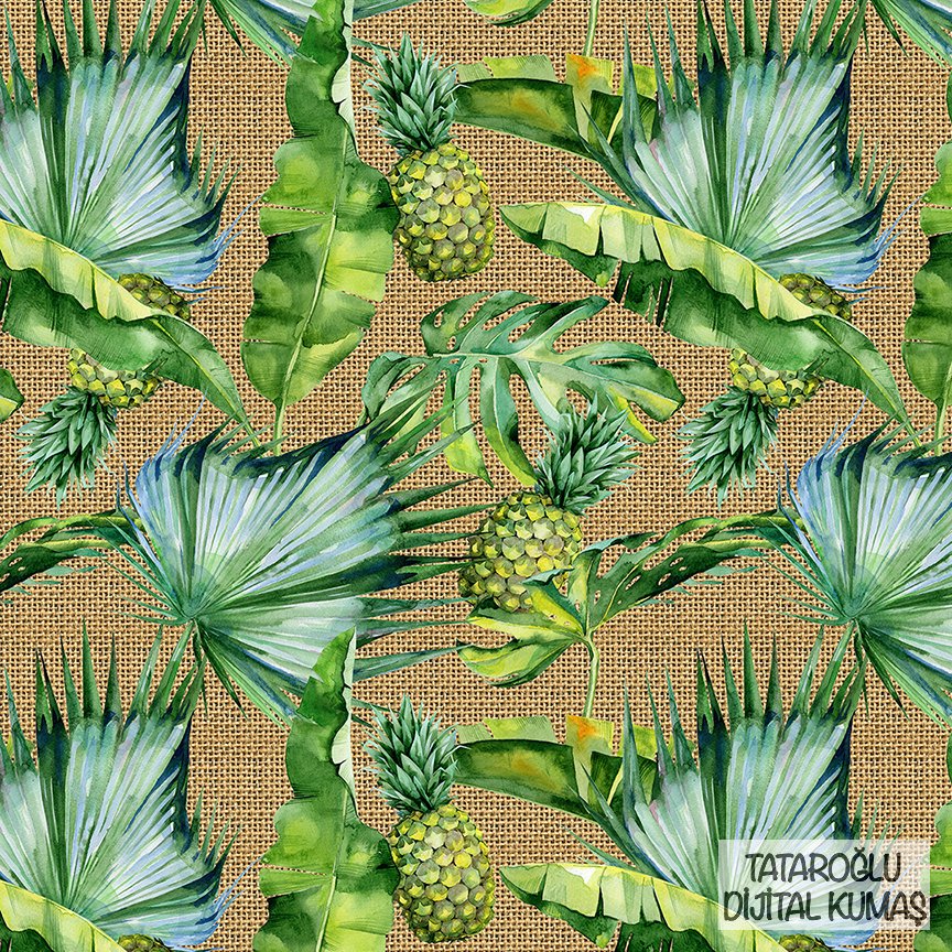 Jüt Görünümlü Zemin Üzerine Ananas Yaprak Desenli Kumaş