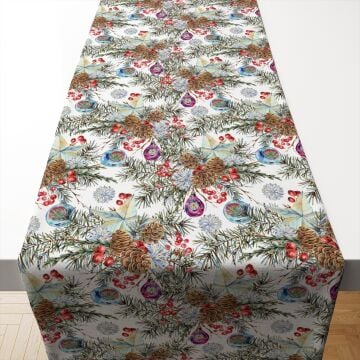 Yılbaşı Koleksiyonu- 50x140cm  Yılbaşı Runner Kumaşı Beyaz zemin üzerinde kozalaklar ve kokina çiçekleri