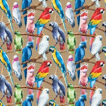 Jüt Görünümlü Zemin Üzerine Renkli Tropikal Papağan Desenli Dijital Baskılı Kumaş(SONBAHAR İNDİRİMİ)