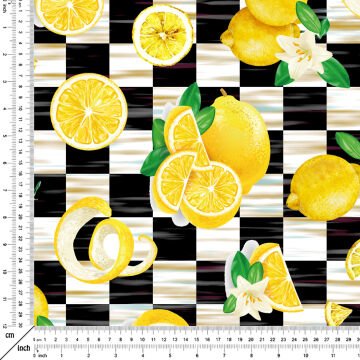 Limon Serisi-Siyah Beyaz Efektli Kare Zemin Üzerine Limonlu Desen