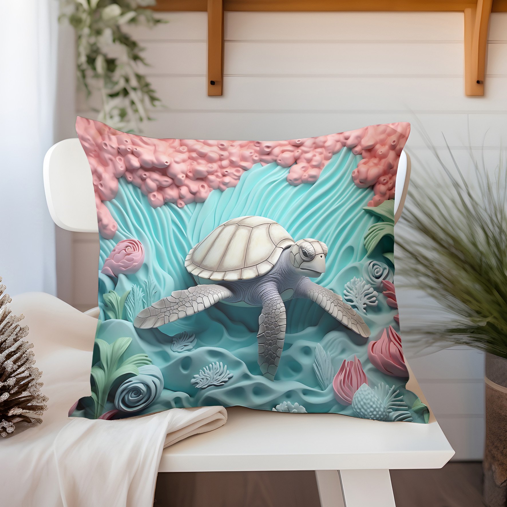 3D Deniz Temalı Kırlent Paneli Dikilmemiş Kumaş