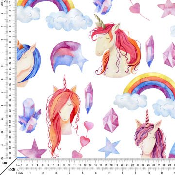 Unicornlu Gökkuşağı Renkli Dijital Baskılı Kumaş