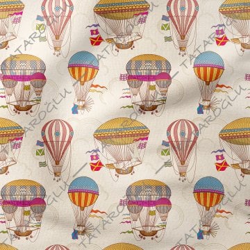 Krem Zeminli Vintage Uçan Balon Deseni Kumaş