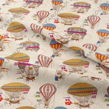 Krem Zeminli Vintage Uçan Balon Deseni Kumaş