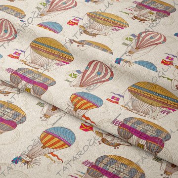 Krem Zeminli Vintage Uçan Balon Deseni Kumaş