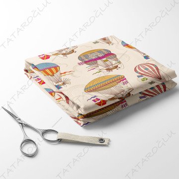 Krem Zeminli Vintage Uçan Balon Deseni Kumaş