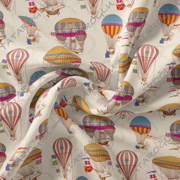 Krem Zeminli Vintage Uçan Balon Deseni Kumaş