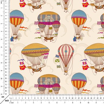 Krem Zeminli Vintage Uçan Balon Deseni Kumaş
