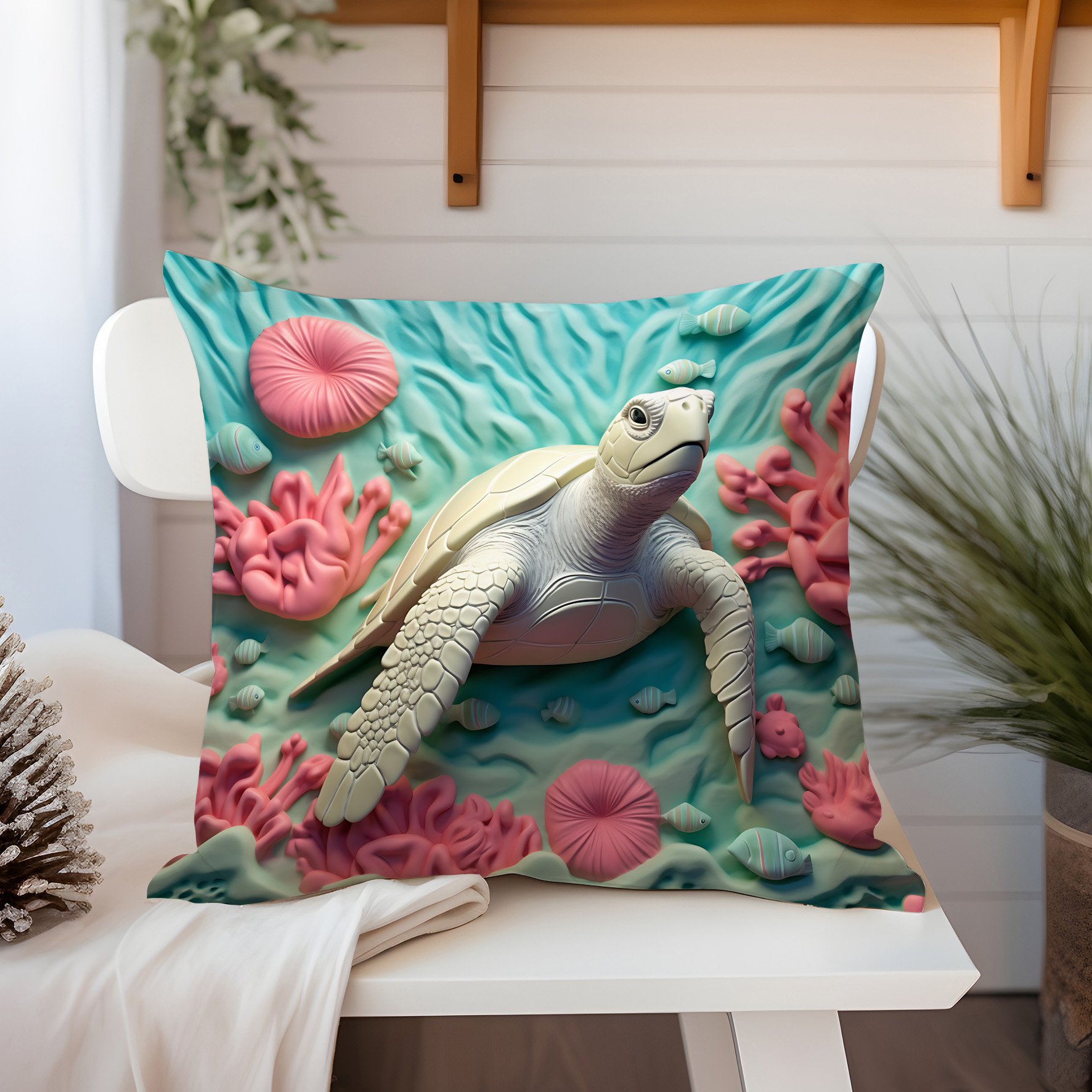 3D Deniz Temalı Kırlent Paneli Dikilmemiş Kumaş