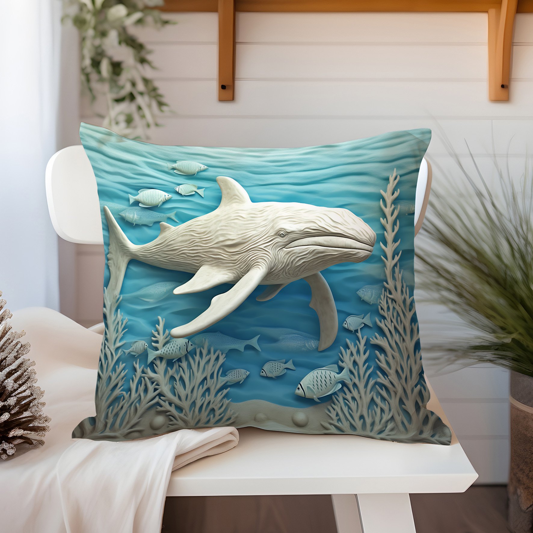 3D Deniz Temalı Kırlent Paneli Dikilmemiş Kumaş