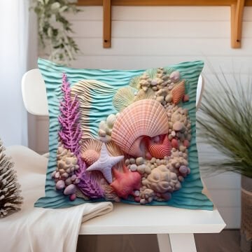 3D Deniz Temalı Kırlent Paneli Dikilmemiş Kumaş