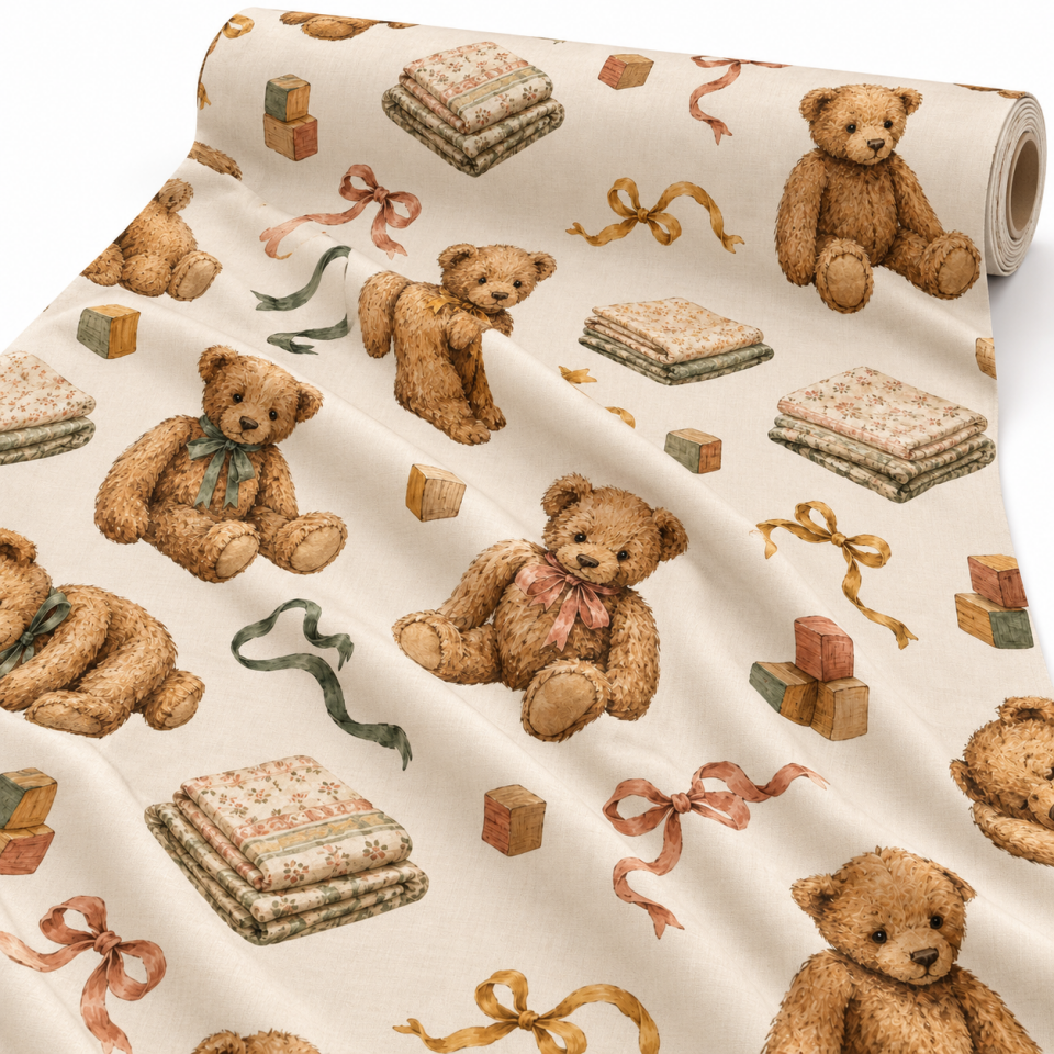 Oyuncak Ayı Desenli Kumaş – Vintage Teddy Bear Bebek Odası | D-LEG-1971