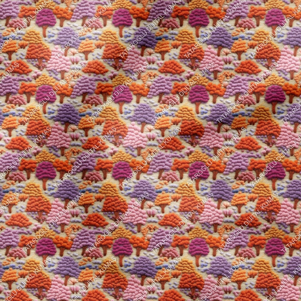 3D Pembe Tonlu Örgü Ağaçlı Dekoratif Dijital Baskı Kumaş