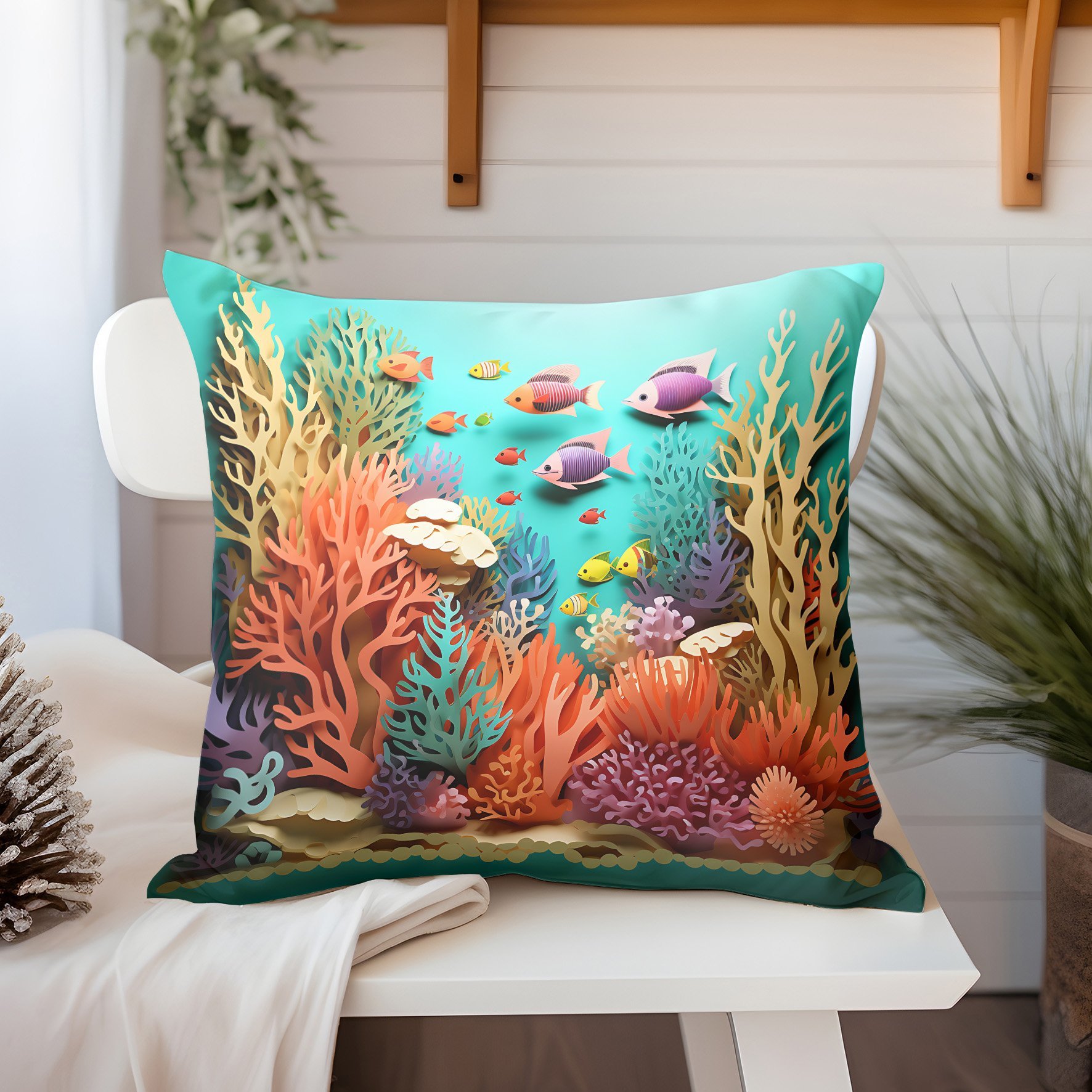 3D Deniz Temalı Kırlent Paneli Dikilmemiş Kumaş