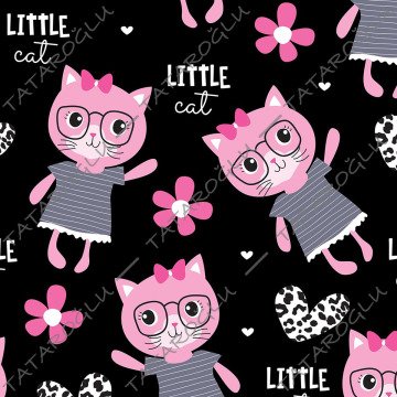 Siyah Zemin Üzerine Gri Tişörtlü Pembe Kedi Desenli Kumaş