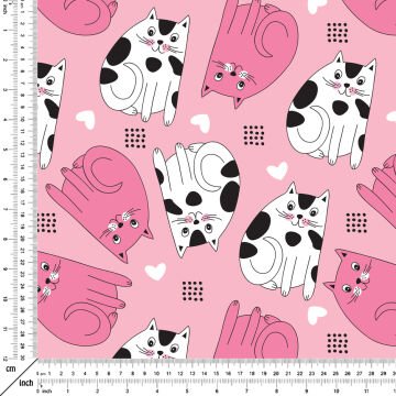 Pembe Zemin Üzerine Beyaz Siyah Puanlı Kedi Desenli Kumaş