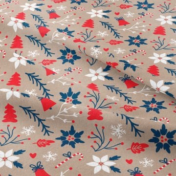 Yılbaşı Koleksiyonu- Winter Wonder Collection, Kahverengi Zeminli Kırmızı, Lacivert Ağaçlı, Şekerli, Çiçekli Kumaş