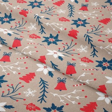 Yılbaşı Koleksiyonu- Winter Wonder Collection, Kahverengi Zeminli Kırmızı, Lacivert Ağaçlı, Şekerli, Çiçekli Kumaş