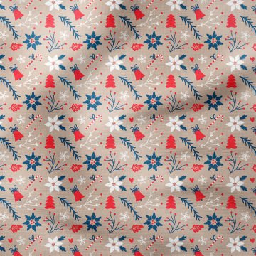Yılbaşı Koleksiyonu- Winter Wonder Collection, Kahverengi Zeminli Kırmızı, Lacivert Ağaçlı, Şekerli, Çiçekli Kumaş