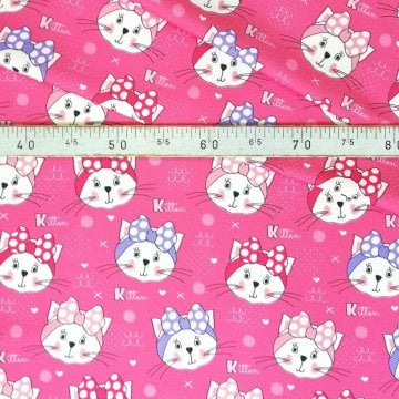 Pembe Zemin Üzerine Lila Kurdeleli Kedi Desenli Kumaş