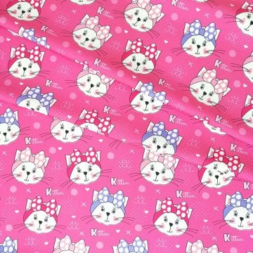 Pembe Zemin Üzerine Lila Kurdeleli Kedi Desenli Kumaş