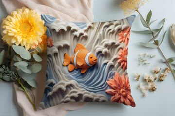 3D Deniz Temalı Kırlent Paneli Dikilmemiş Kumaş
