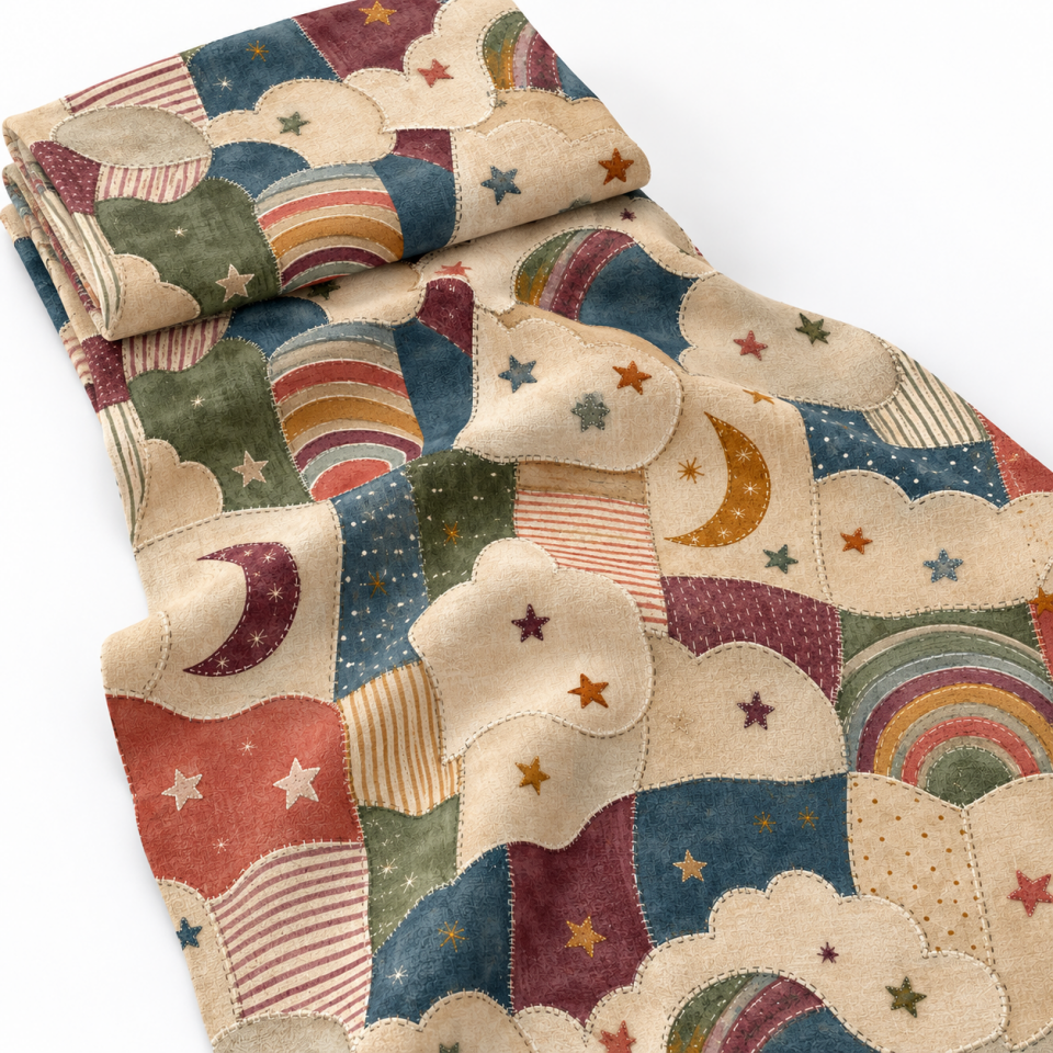 Patchwork Desenli Kumaş – Bulut Gökkuşağı ve Yıldız | D-LEG-1973
