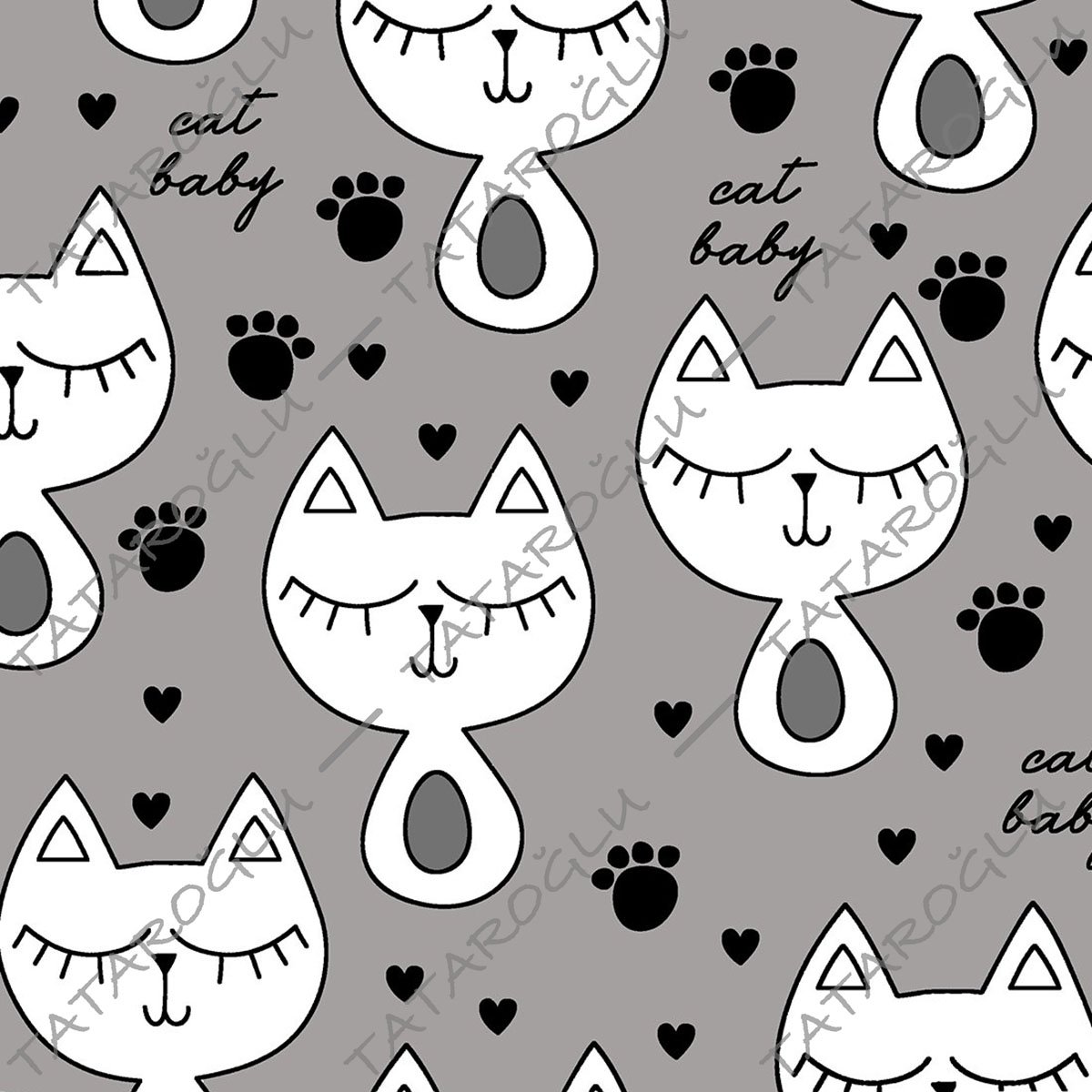 Gri Zemin Üzerine Beyaz Patili Kedi Desenli Kumaş