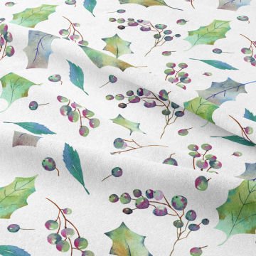 Yılbaşı Koleksiyonu- Winter Wonder Collection, Yeşil, Mor Tomurcuklu, Yapraklı Kumaş