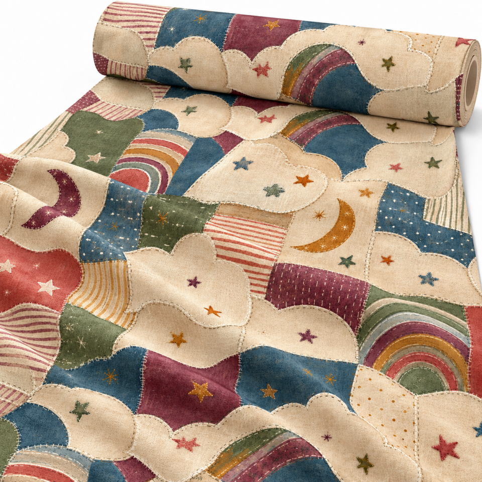 Patchwork Desenli Kumaş – Bulut Gökkuşağı ve Yıldız | D-LEG-1973