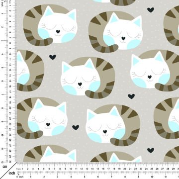 Bej Zemin Üzerine Uyuyan Kedi Desenli Kumaş