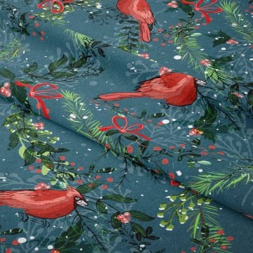 Yılbaşı Koleksiyonu- Winter Wonder Collection, Mavi Zeminli Kırmızı Kuşlu, Tomurcuklu, Yapraklı Kumaş