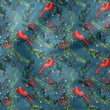 Yılbaşı Koleksiyonu- Winter Wonder Collection, Mavi Zeminli Kırmızı Kuşlu, Tomurcuklu, Yapraklı Kumaş