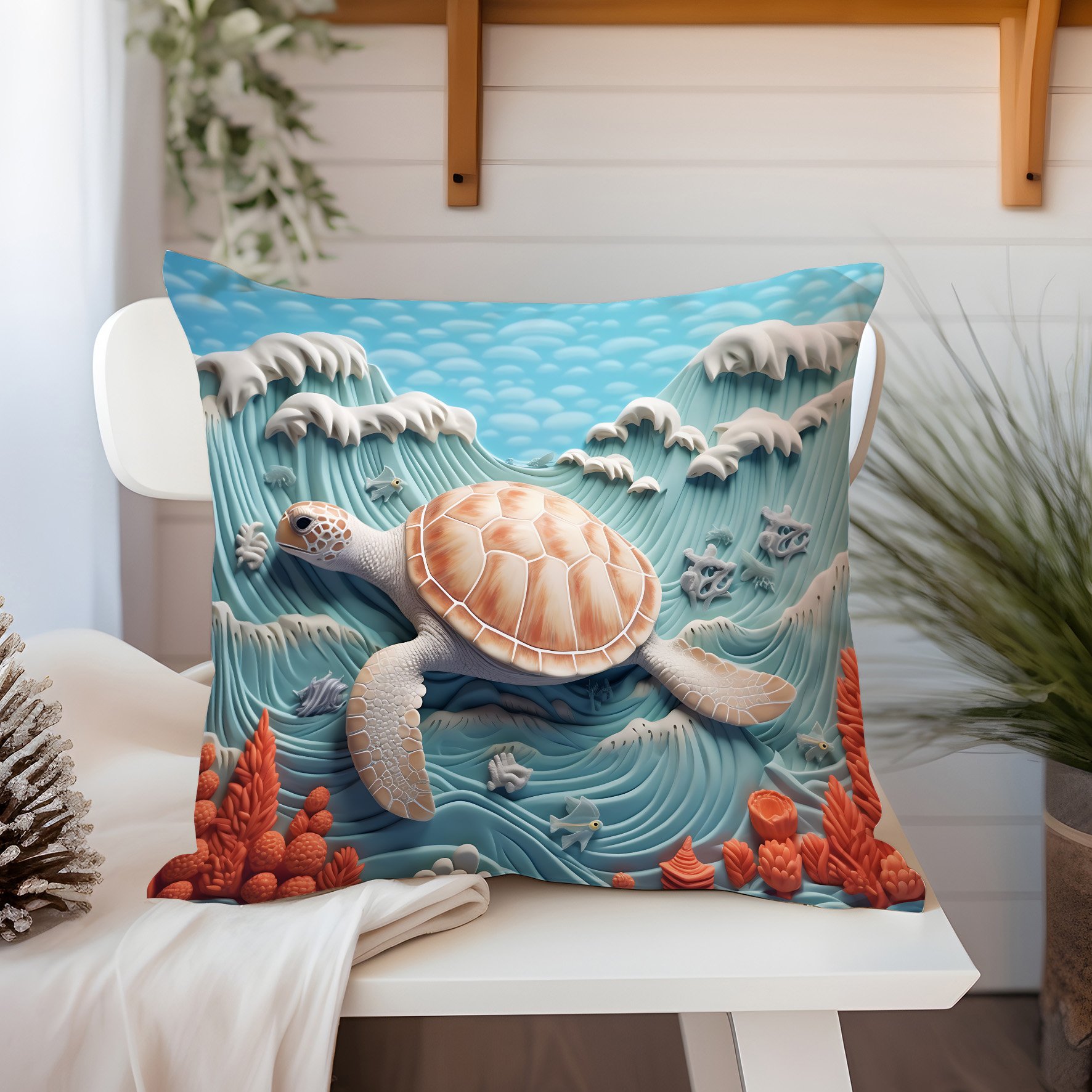 3D Deniz Temalı Kırlent Paneli Dikilmemiş Kumaş