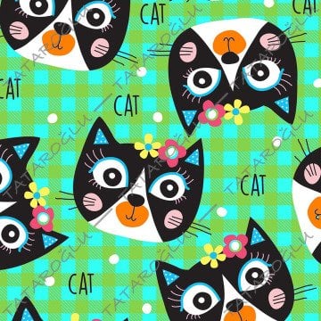Yeşil Turkuaz Ekose Zemin Üzerine Siyah Kedi Desenli Kumaş