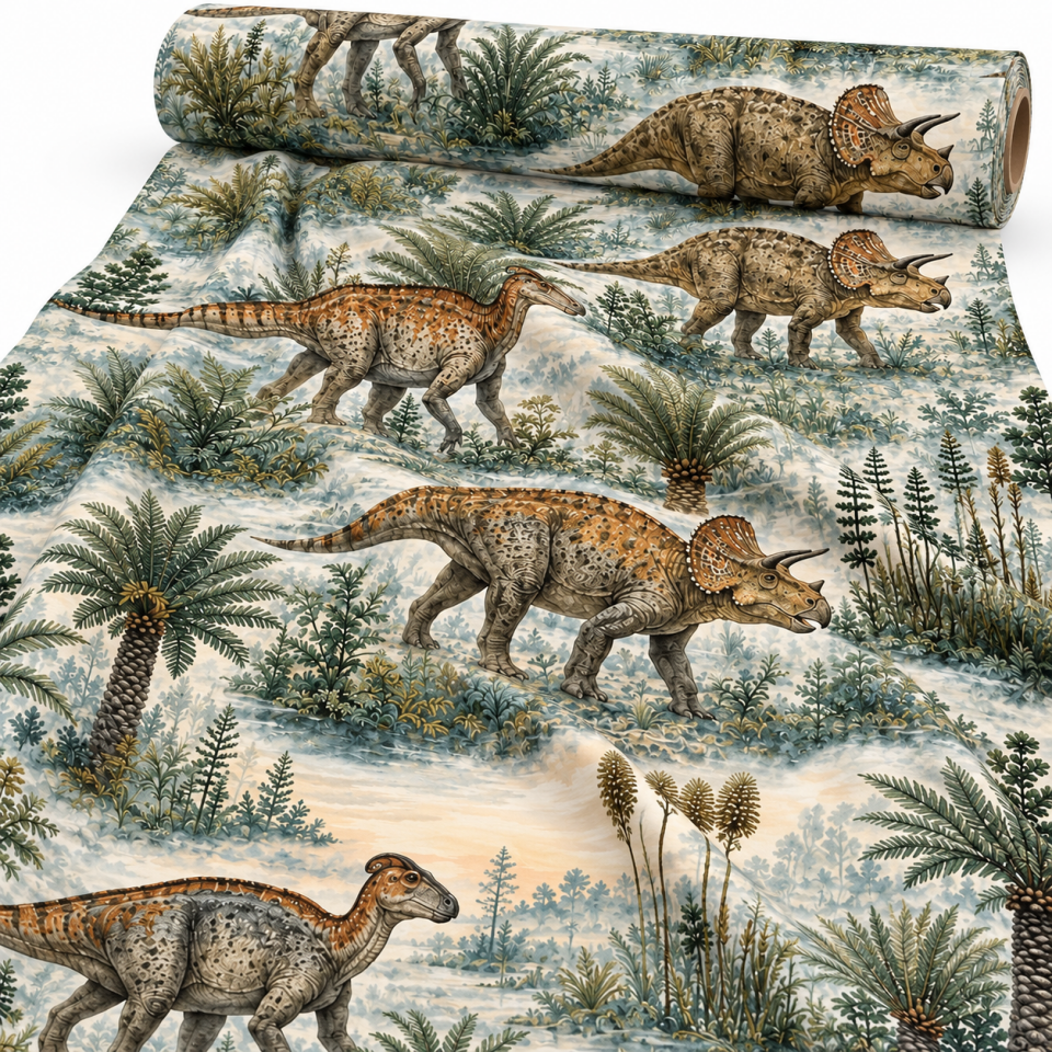 Dinozor Desenli Kumaş – Vintage Orman ve Triceratops | D-LEG-1974