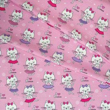 Pembe Zemin Üzerine Dans Eden Kedi Desenli Kumaş