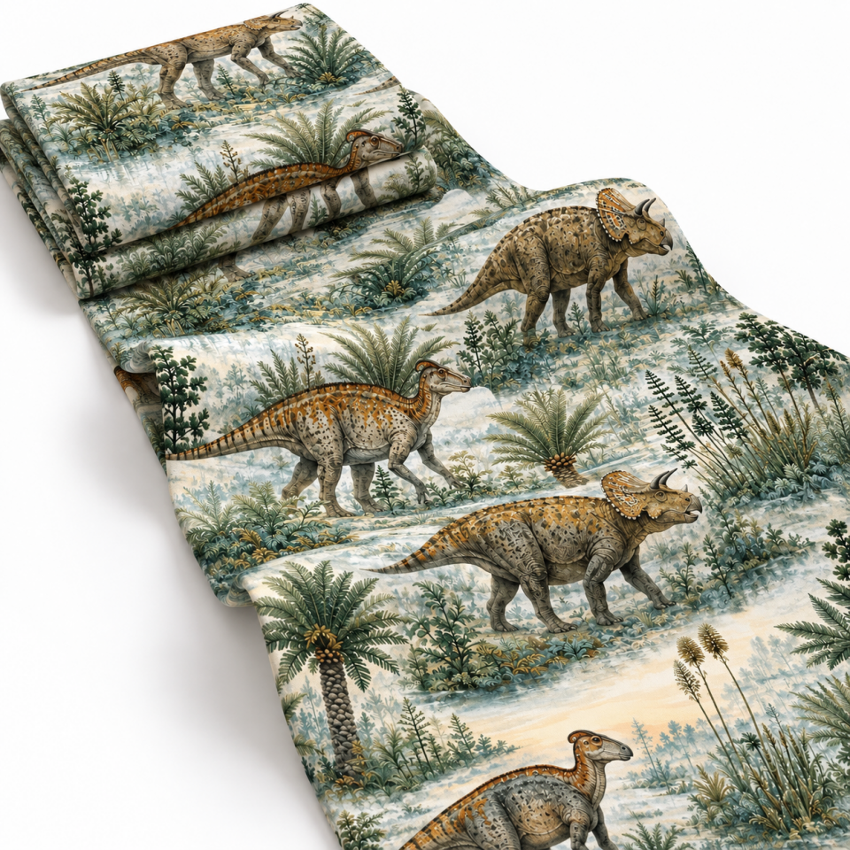 Dinozor Desenli Kumaş – Vintage Orman ve Triceratops | D-LEG-1974