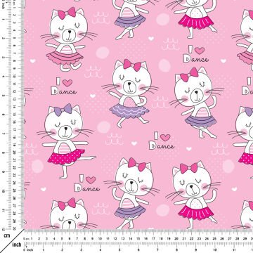 Pembe Zemin Üzerine Dans Eden Kedi Desenli Kumaş