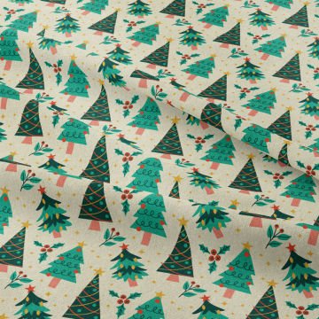 Yılbaşı Koleksiyonu- Winter Wonder Collection, Krem Zeminli Yılbaşı Ağacı Süslü Kumaş