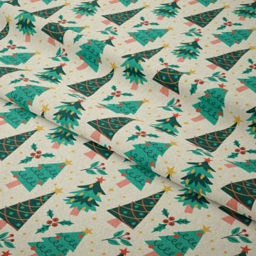 Yılbaşı Koleksiyonu- Winter Wonder Collection, Krem Zeminli Yılbaşı Ağacı Süslü Kumaş