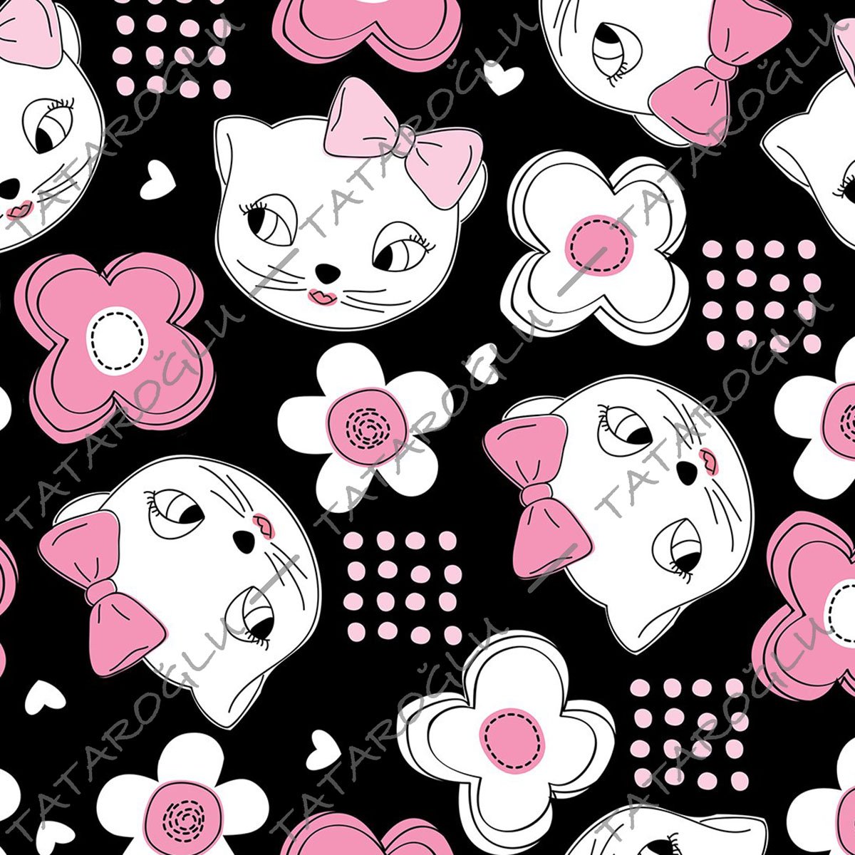 Siyah Zemin Üzerine Papatyalı Kedi Desenli Kumaş