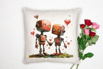 Sevgililer Günü Koleksiyonu - Teknoloji ve Romantizm Buluşması  ''Retro RoBot Aşkı'' 2'li Kırlent Paneli Dikilmemiş Kumaş