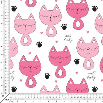 Beyaz Zemin Üzerine Pembe Patili Kedi Desenli Kumaş