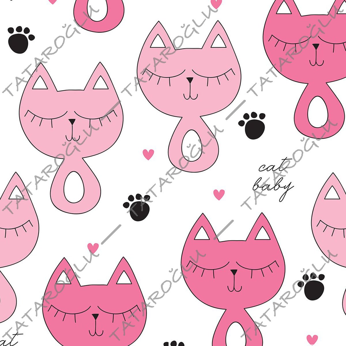 Beyaz Zemin Üzerine Pembe Patili Kedi Desenli Kumaş