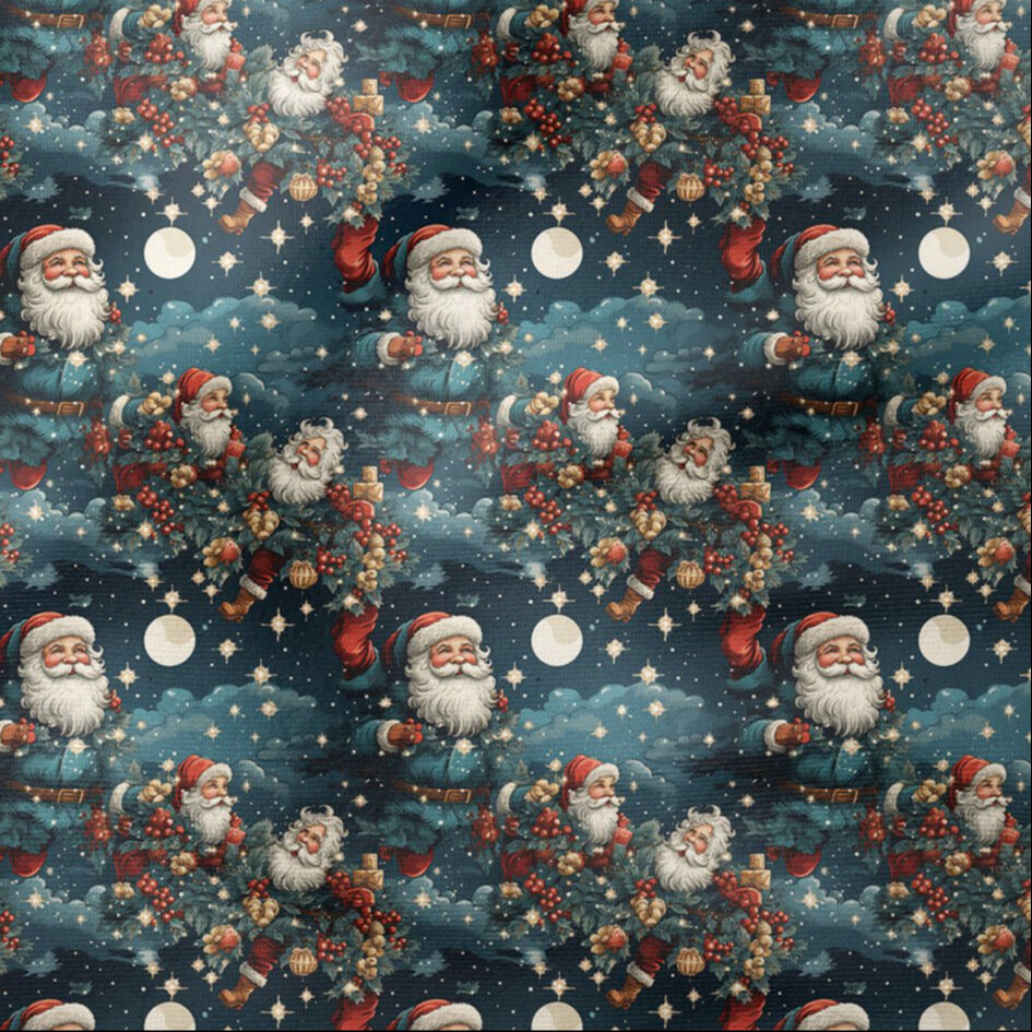Yılbaşı Koleksiyonu- Vintage Noel Gecesi Dolunay Yıldızlar ve Noel Baba Çok Amaçlı Dekoratif Dijital Baskı Kumaş