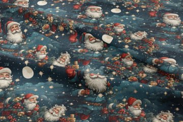 Yılbaşı Koleksiyonu- Vintage Noel Gecesi Dolunay Yıldızlar ve Noel Baba Çok Amaçlı Dekoratif Dijital Baskı Kumaş