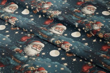 Yılbaşı Koleksiyonu- Vintage Noel Gecesi Dolunay Yıldızlar ve Noel Baba Çok Amaçlı Dekoratif Dijital Baskı Kumaş